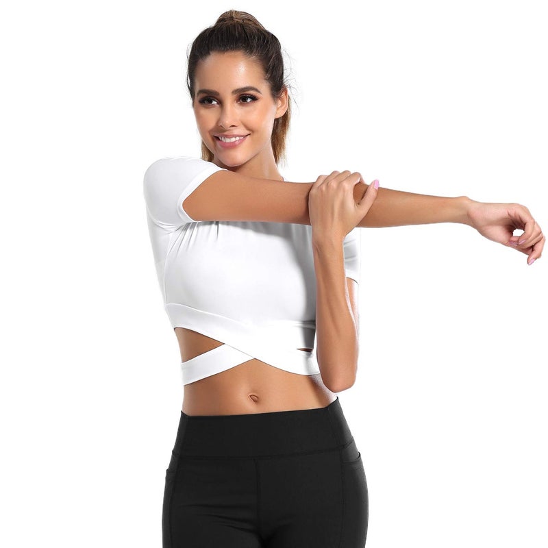 DREAM SLIM Short Sleeve Crop Tops for Women Tummy Cross Fitted Yoga Gym Tops Lightweight Workout Cropped Tank Top (White, M) - Image 2